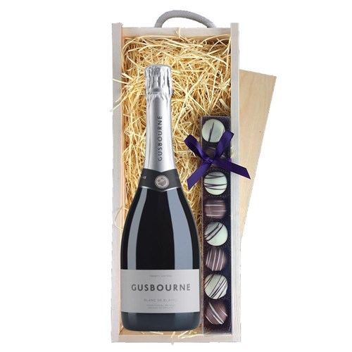 Gusbourne Blanc De Blancs English Sparkling 75cl & Truffles, Wooden Box